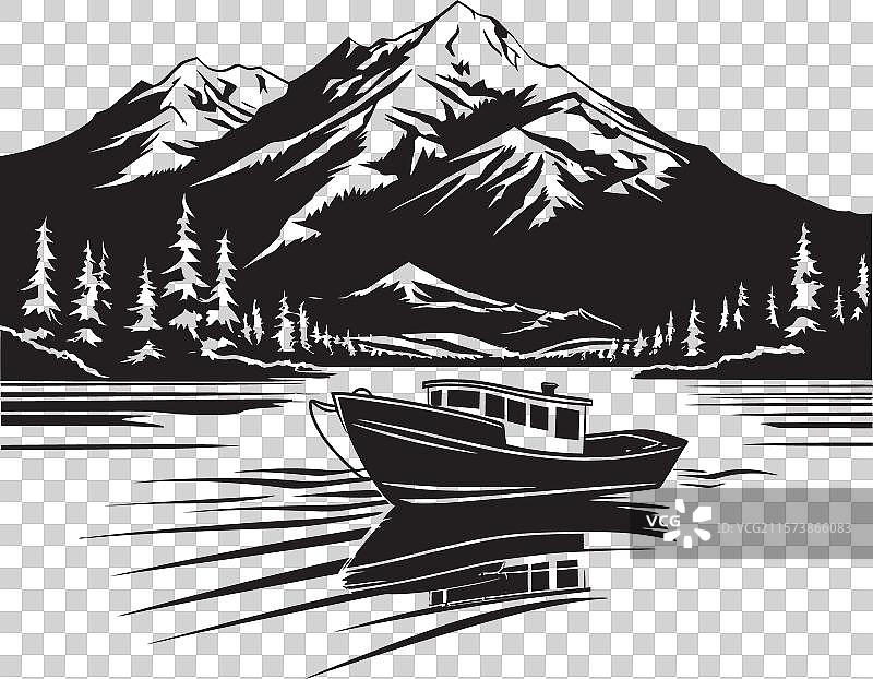 湖畔奢华小木屋，湖泊的奢华与船只图片素材