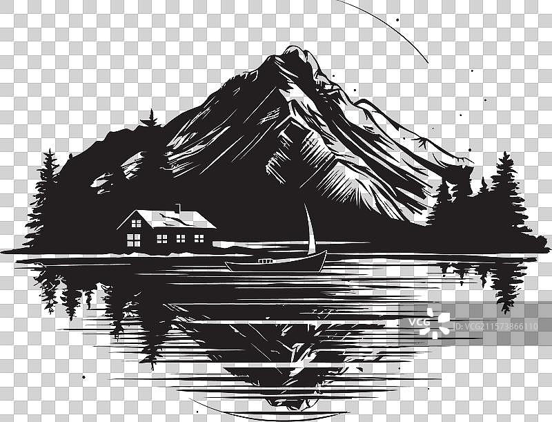 山湖上的标志性小木屋划船图片素材