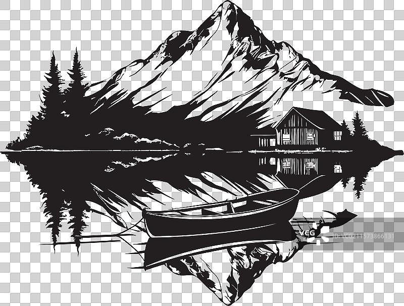 宁静的湖边小屋，船只在平静的水面上漂浮图片素材