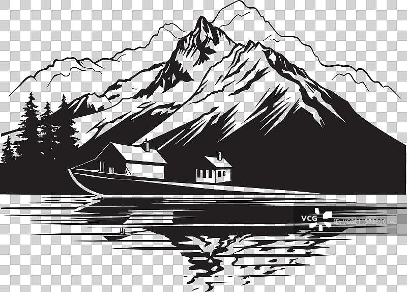 湖畔传奇小屋与湖泊神话和船只图片素材