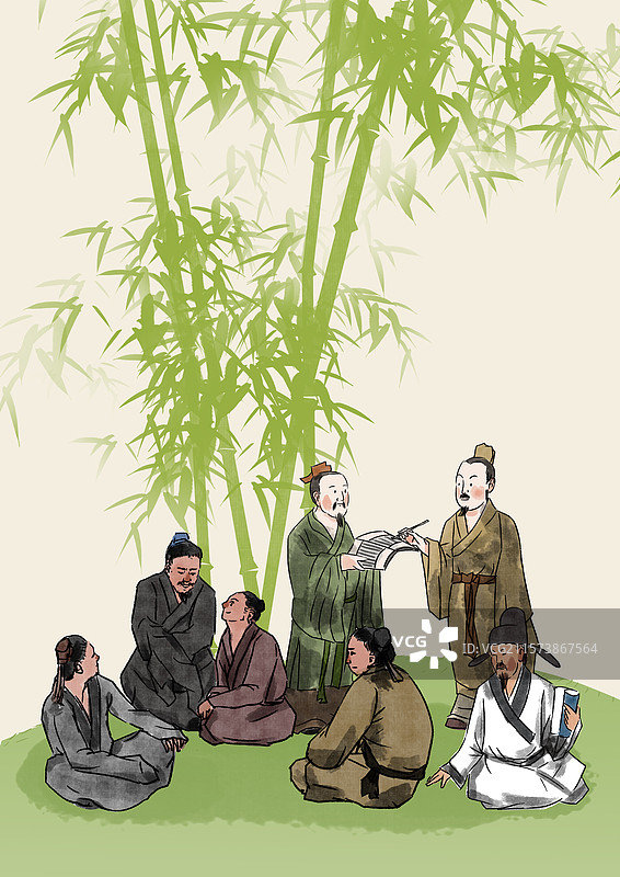 中国风新中式古风古典传统文化古装古人古代古时候历史国学经典竹林七贤名人雅士文人墨客竹子插画图片素材