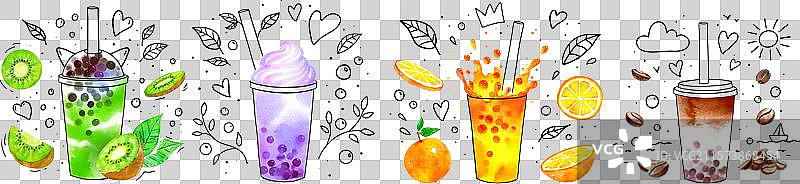 线条艺术涂鸦的奶茶套装图片素材
