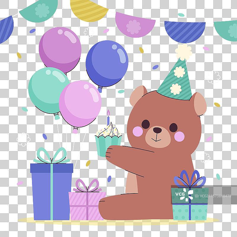 一只泰迪熊快乐地抓着一个杯子蛋糕。图片素材