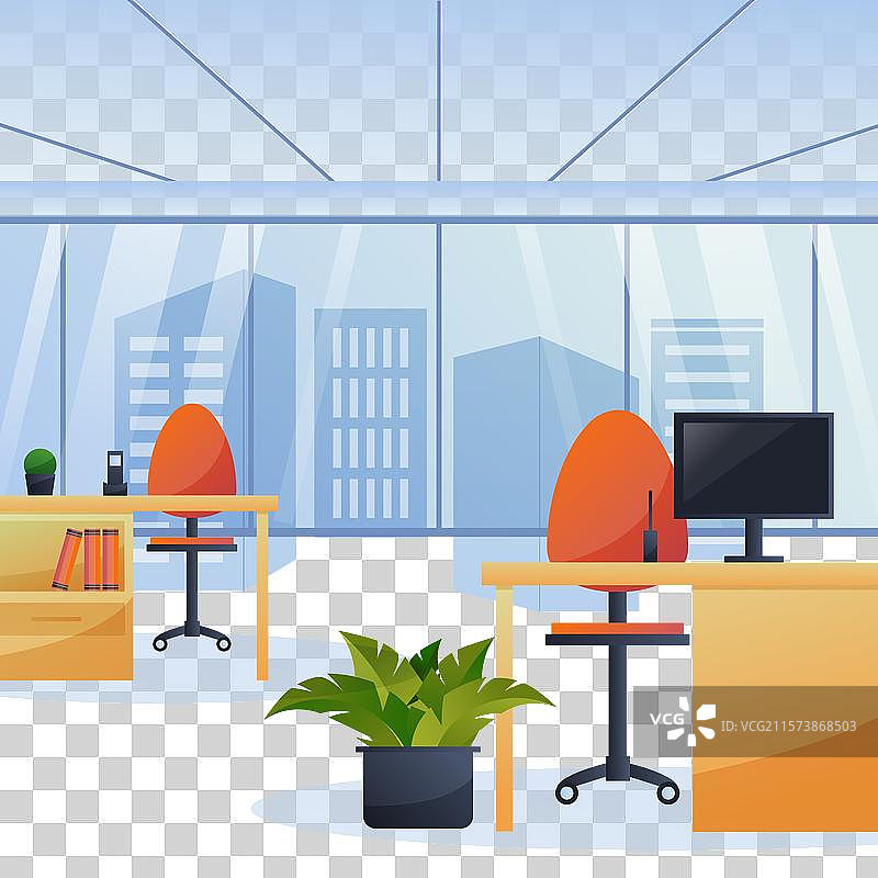 卡通办公室，配有桌子、椅子和一盆植物图片素材