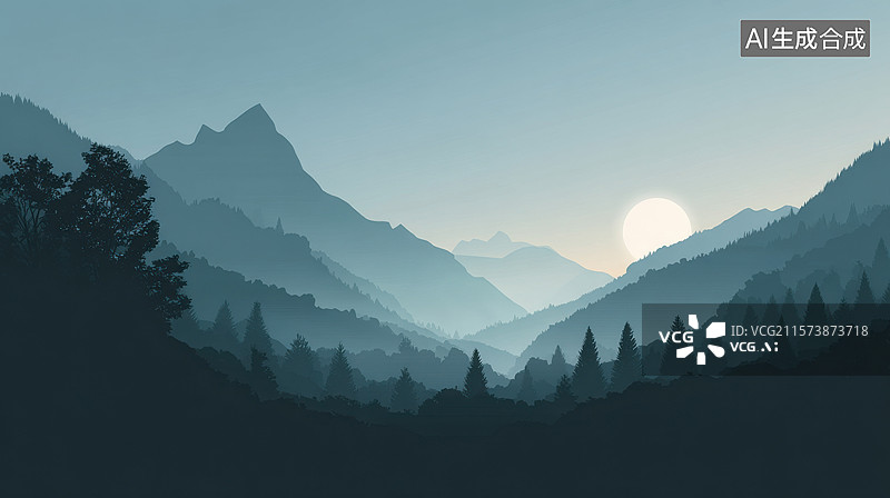 【AI数字艺术】天空中挂着太阳的山脉图片素材