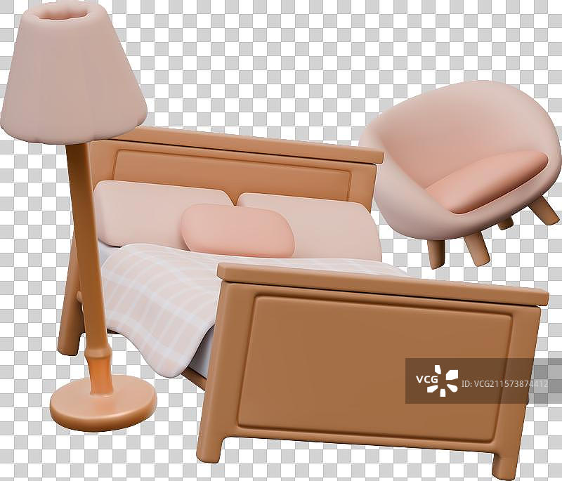 带靠背的双人床、软椅和落地灯图片素材