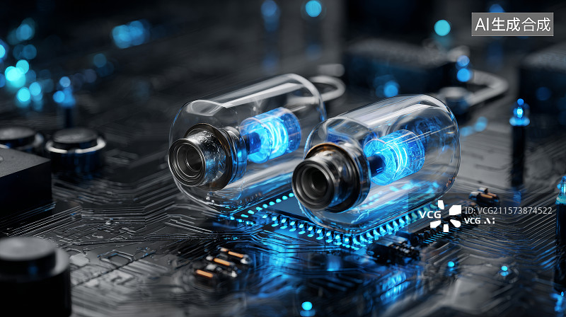 【AI数字艺术】电路板上安装的真空电子管元件特写图片素材