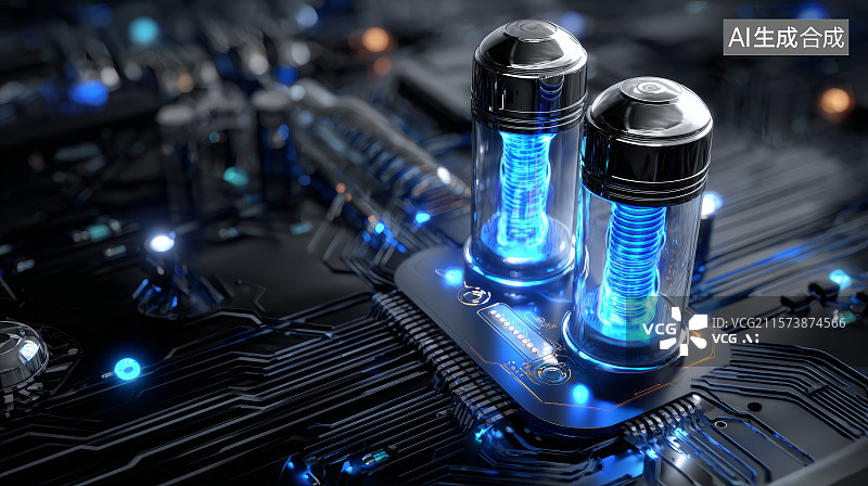 【AI数字艺术】电路板上安装的真空电子管元件特写图片素材