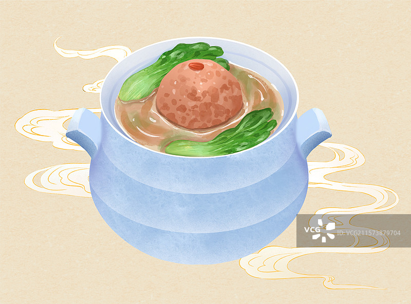 淮扬清炖狮子头家常菜特色美食手绘风格插画图片素材