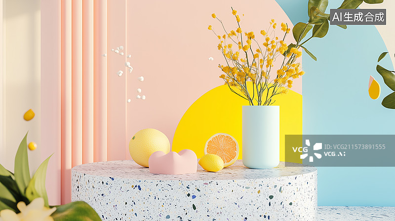 【AI数字艺术】水磨石与抽象花植几何趣境图片素材