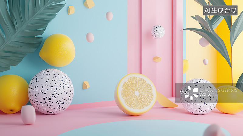 【AI数字艺术】水磨石与抽象花植几何趣境图片素材