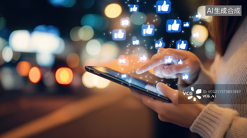 【AI数字艺术】夜景中使用手机互动点赞图片素材