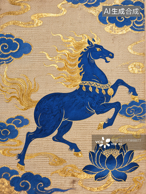 【AI数字艺术】2026年春节马年十二生肖创意动物丙午年火马年红马年新年传统文化威武骏马火焰鬃毛踏祥云奔腾古旧亚麻纹图片素材