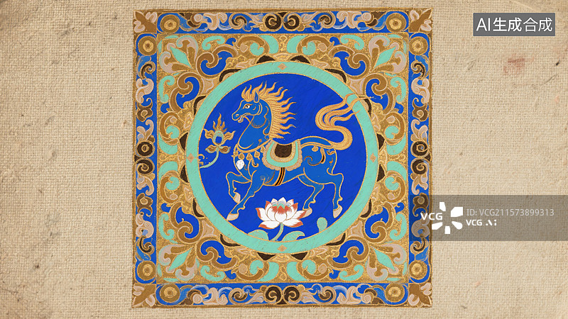 【AI数字艺术】2026年春节马年十二生肖创意动物丙午年火马年红马年新年传统文化敦煌藻井壁画对称构图展现踏莲火鬃天马图片素材