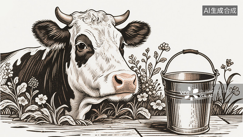 【AI数字艺术】乡村奶牛版画插画传统文化教育书籍配图花丛环绕的牛与牛奶桶包装海报企业活动多用途商业乳业牛奶艺术图片素材