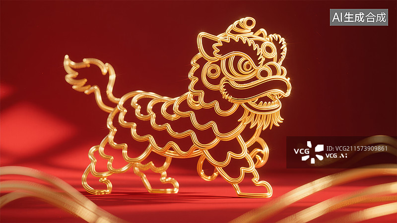 【AI数字艺术】金色剪纸风格的舞狮图案图片素材