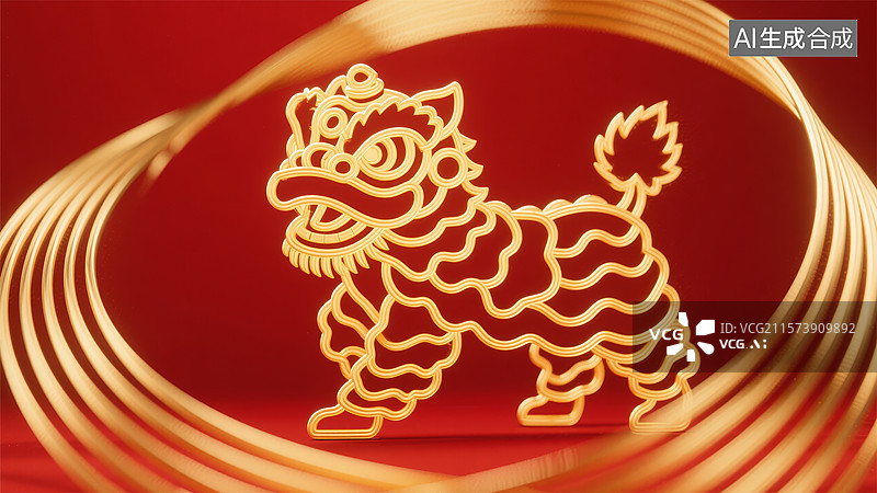 【AI数字艺术】金色舞狮图案在红色背景上图片素材