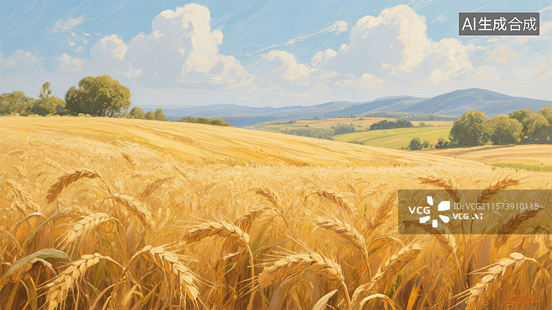 【AI数字艺术】金黄麦田与蓝天白云图片素材