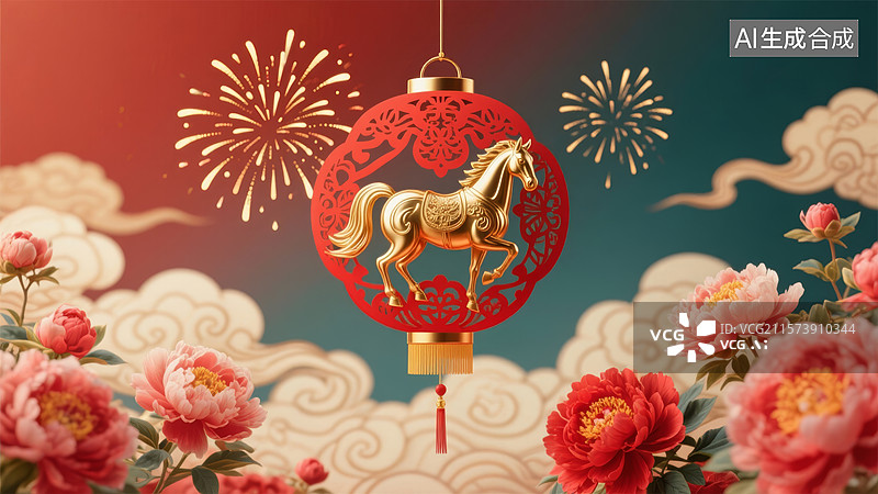 【AI数字艺术】金马灯笼与烟花绽放的节日场景图片素材