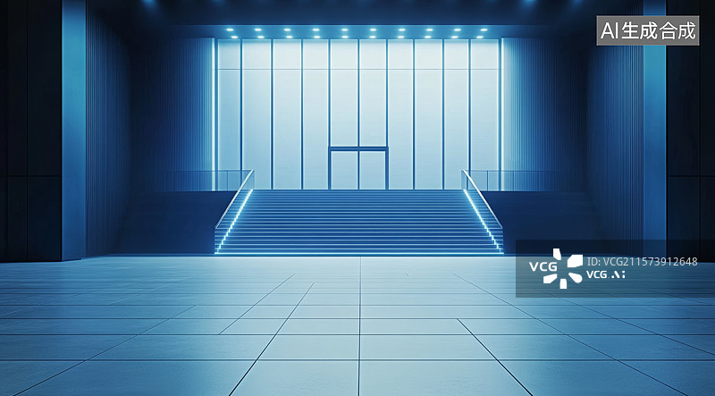 【AI数字艺术】蓝色灯光下的现代舞台图片素材