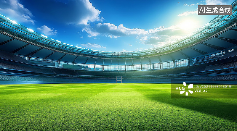 【AI数字艺术】空旷的足球场在阳光下闪耀图片素材