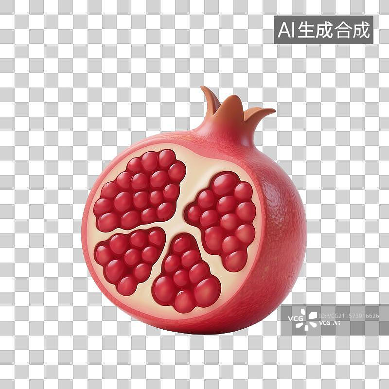 【AI数字艺术】3D渲染卡通水果，新鲜的红色石榴，秋天水果免抠元素图片素材