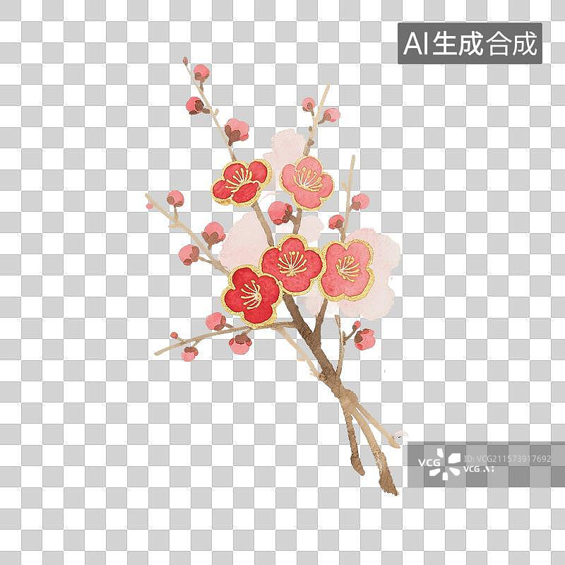 【AI数字艺术】国风手绘插画，中国风喜庆的红梅，春节大红色梅花，插花免抠素材图片素材