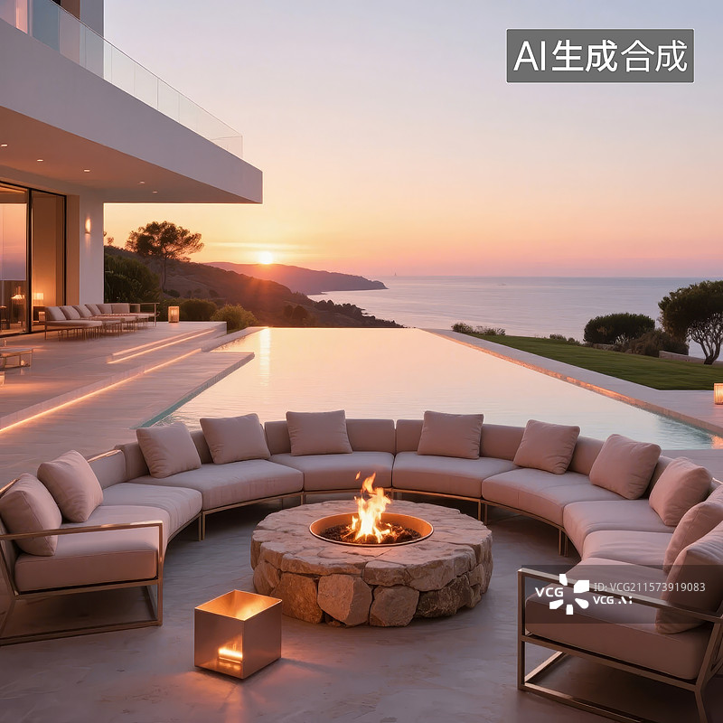 【AI数字艺术】日落时分的豪华泳池露台图片素材
