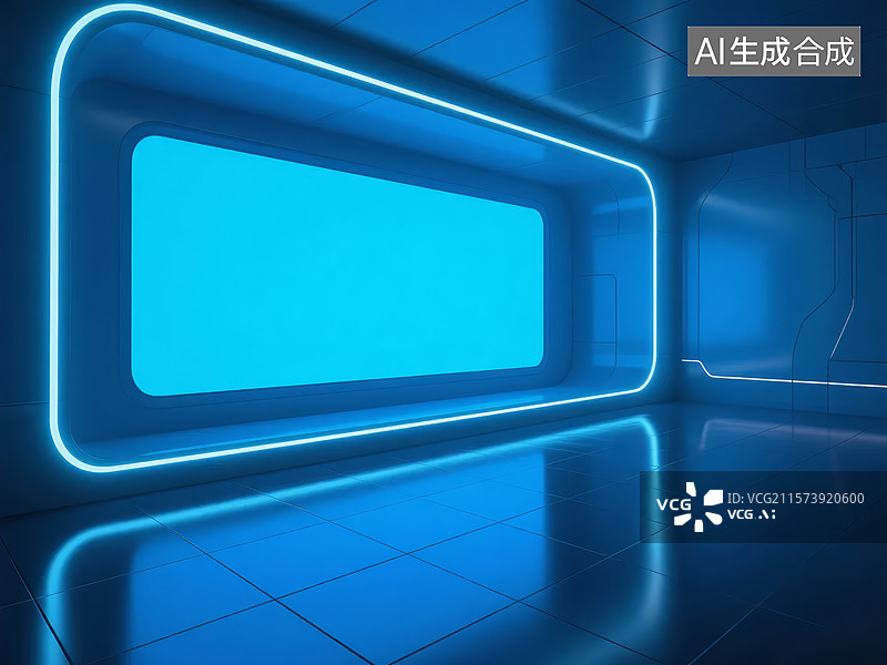 【AI数字艺术】蓝色霓虹灯框的未来感走廊图片素材