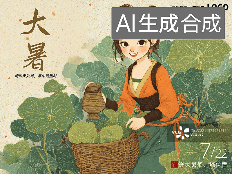 【AI数字艺术】国风女孩夏日采摘荷叶图片素材