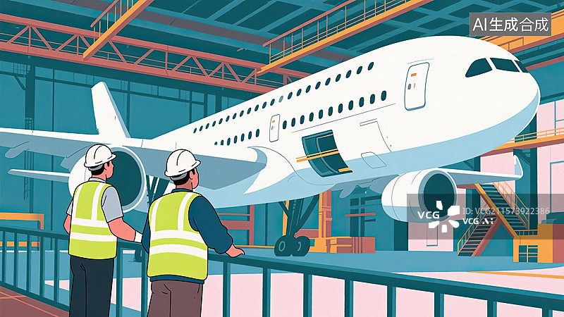 【AI数字艺术】3D，工程师，飞机制造，厂房，插画图片素材