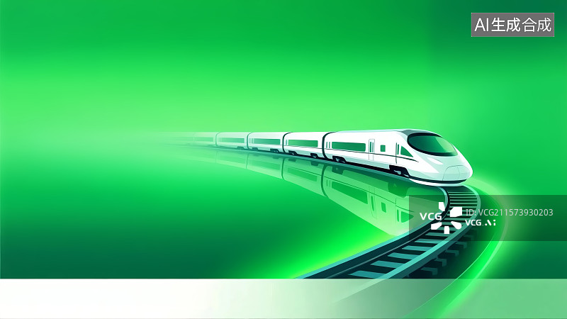 【AI数字艺术】一列白色高速列车在绿色背景的轨道上行驶，画面简洁现代图片素材