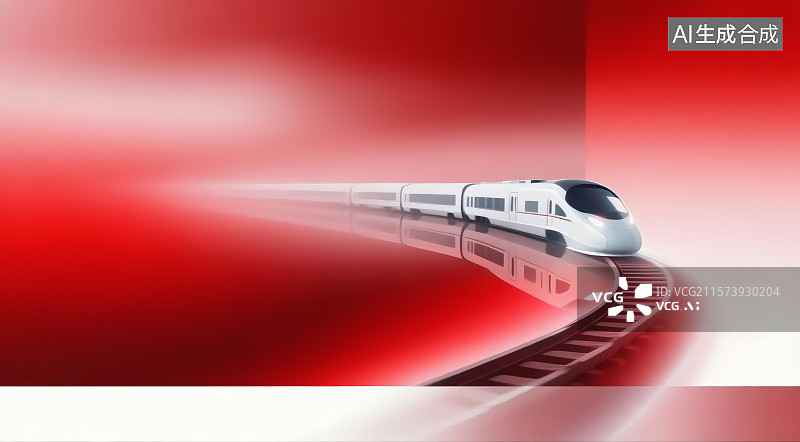 【AI数字艺术】高速列车在红色背景中行驶，轨道弯曲，画面充满动感图片素材