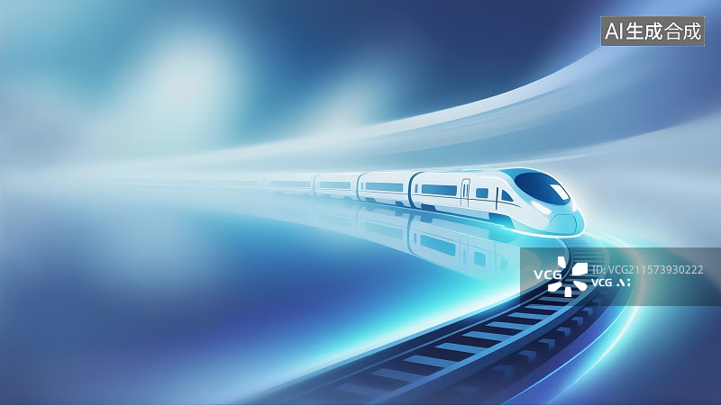 【AI数字艺术】高速列车在轨道上飞驰，周围充满动感光效，背景为蓝色渐变图片素材