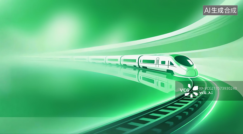 【AI数字艺术】高速列车在绿色轨道上行驶，背景为渐变绿色，象征环保与速度图片素材