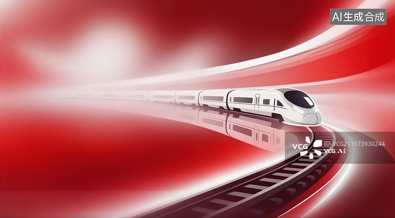 【AI数字艺术】高速列车在红色背景上飞驰，轨道弯曲，速度感强烈图片素材