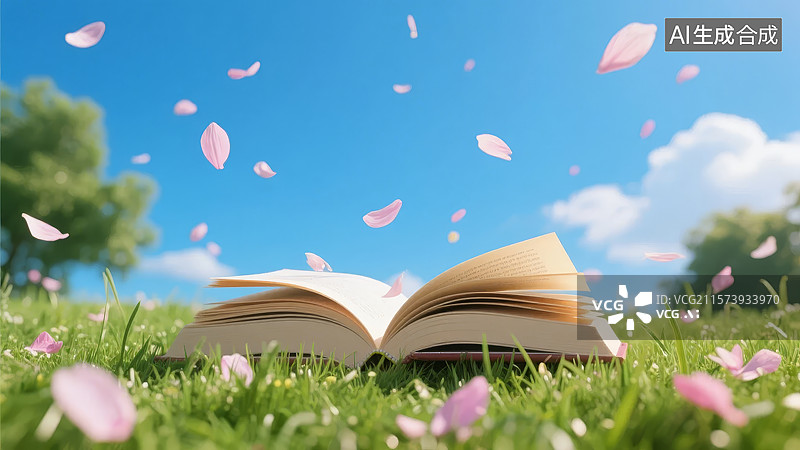 【AI数字艺术】草地上的书与飘落的花瓣图片素材