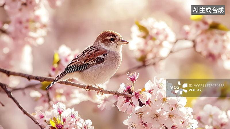【AI数字艺术】春日温馨枝头的麻雀图片素材