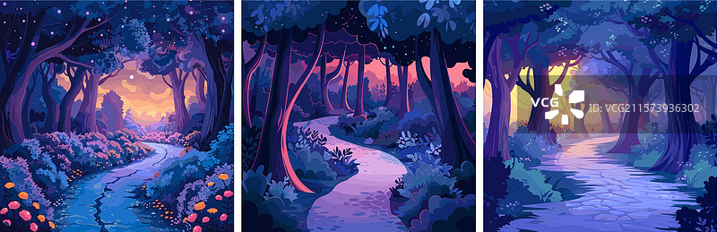 神秘的森林卡通场景灌木丛图片素材