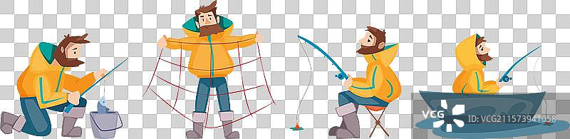 留着胡子的渔夫在池塘里用钓竿捕捉鱼。图片素材