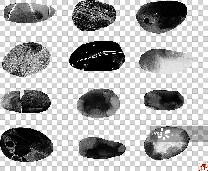 白色背景上的水墨画卵石图片素材
