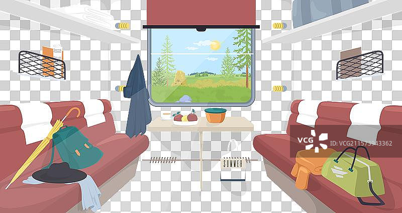 杂乱的火车内部，乘客们在旅行图片素材