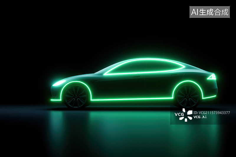 【AI数字艺术】绿色霓虹灯勾勒的汽车轮廓图片素材