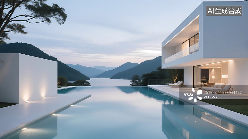 【AI数字艺术】带泳池的现代海边别墅图片素材