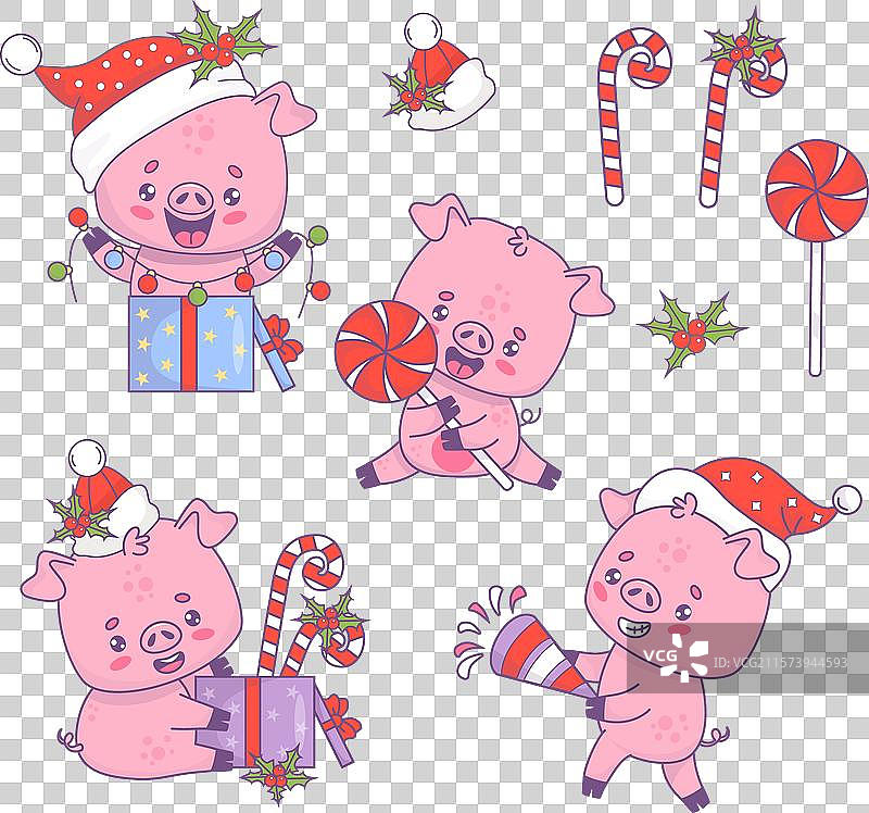 可爱的搞笑圣诞猪戴着圣诞帽的系列图片素材