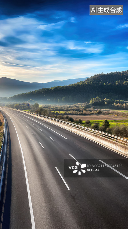 【AI数字艺术】清晨的高速公路与山景图片素材
