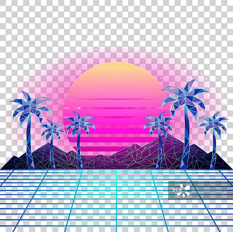 未来主义霓虹低多边形山脉和棕榈树图片素材