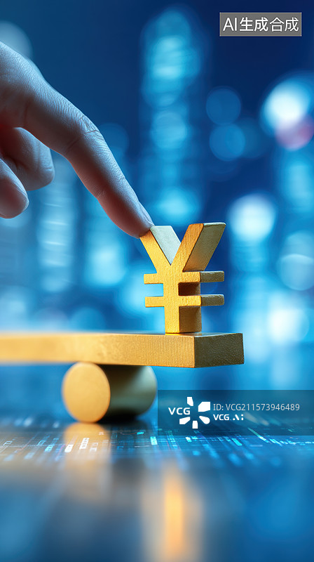 【AI数字艺术】手指轻触金色日元符号平衡装置图片素材