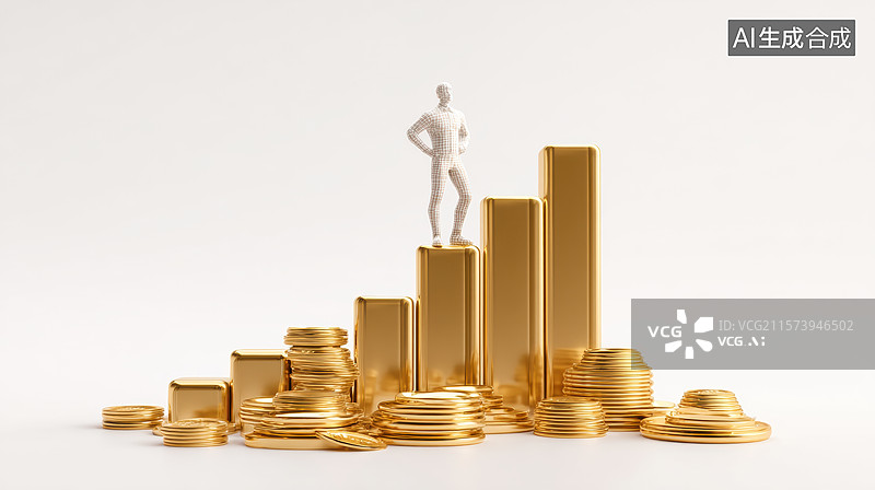 【AI数字艺术】金色财富阶梯上的站立人物图片素材