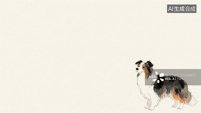 【AI数字艺术】装饰边框背景，一只边牧狗，水墨画背景右下图片素材